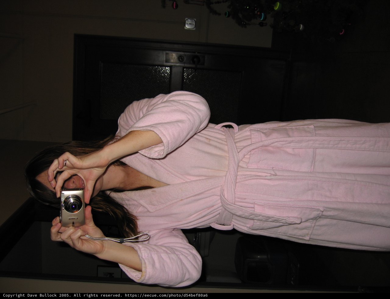 Woman in Pink Robe Taking Mirror Selfie with Canon