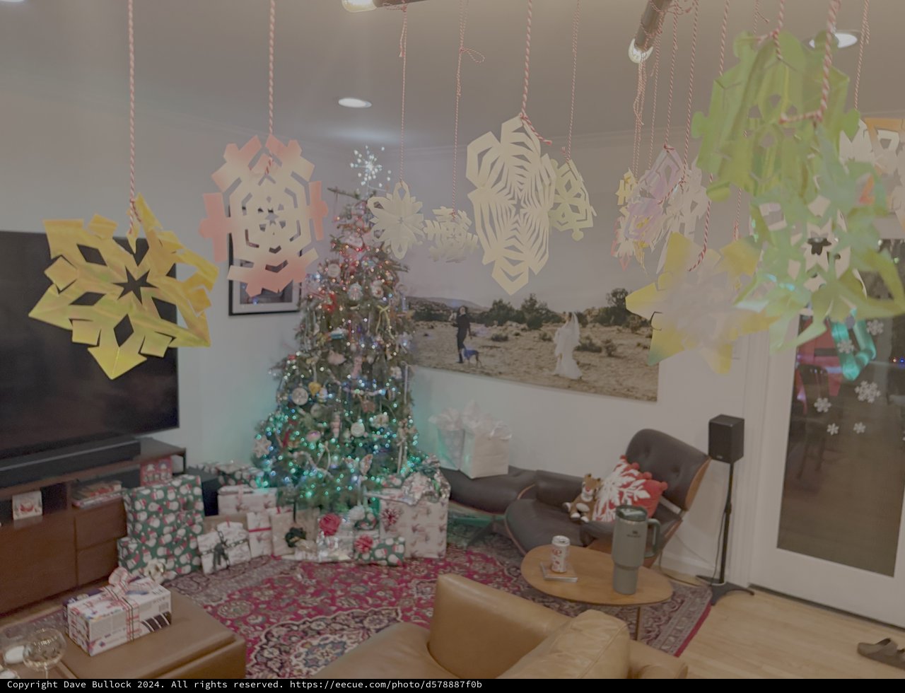 Christmas Morning Living Room with Tree and Snowflakes