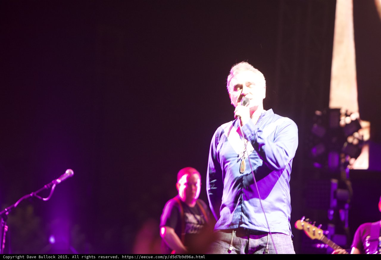 Morrissey Singing Blue Shirt Necklaces Bassist Capitol Tee Mic Stand Bass Guitar Dark Stage