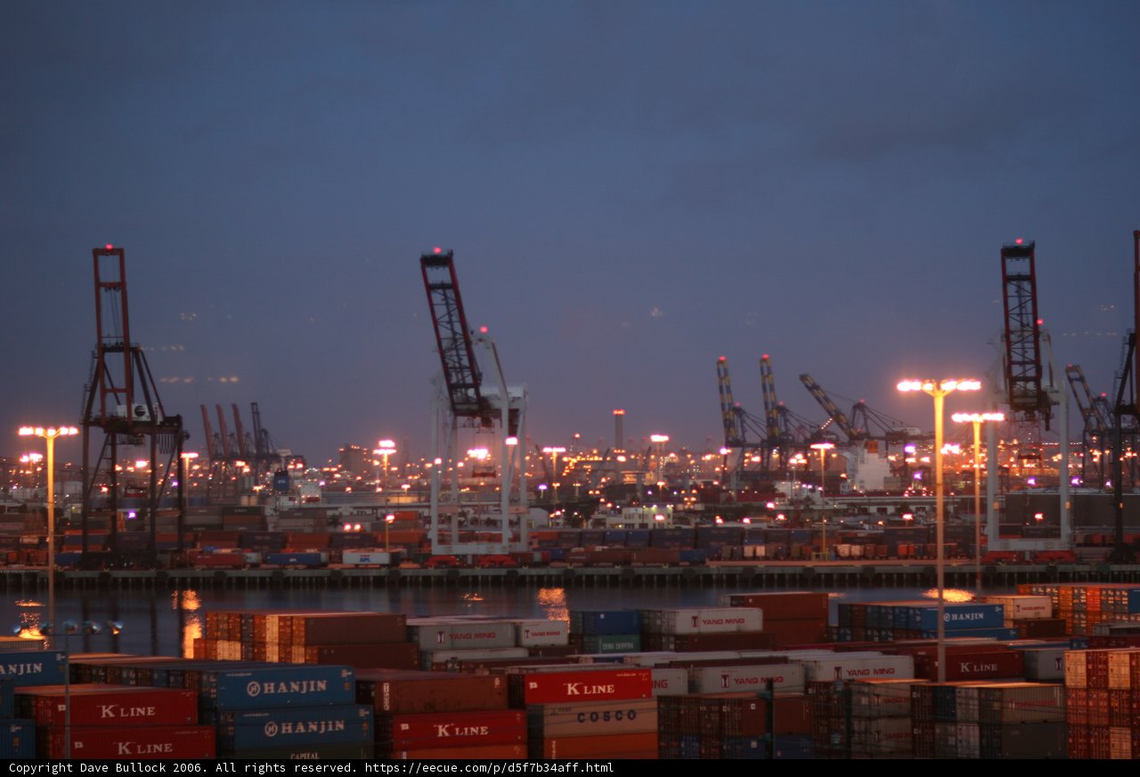 Darkened skyline of a shipyard