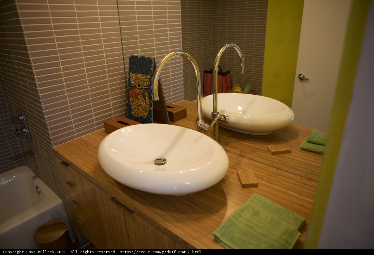 Double Basin Bathroom with Wooden Accents