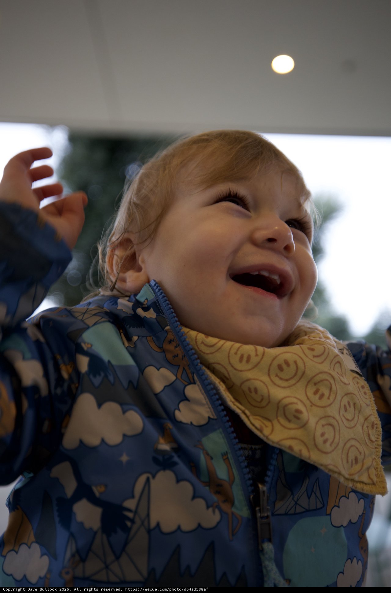 Joyful Toddler Laughing Under Outdoor Porch Ceiling