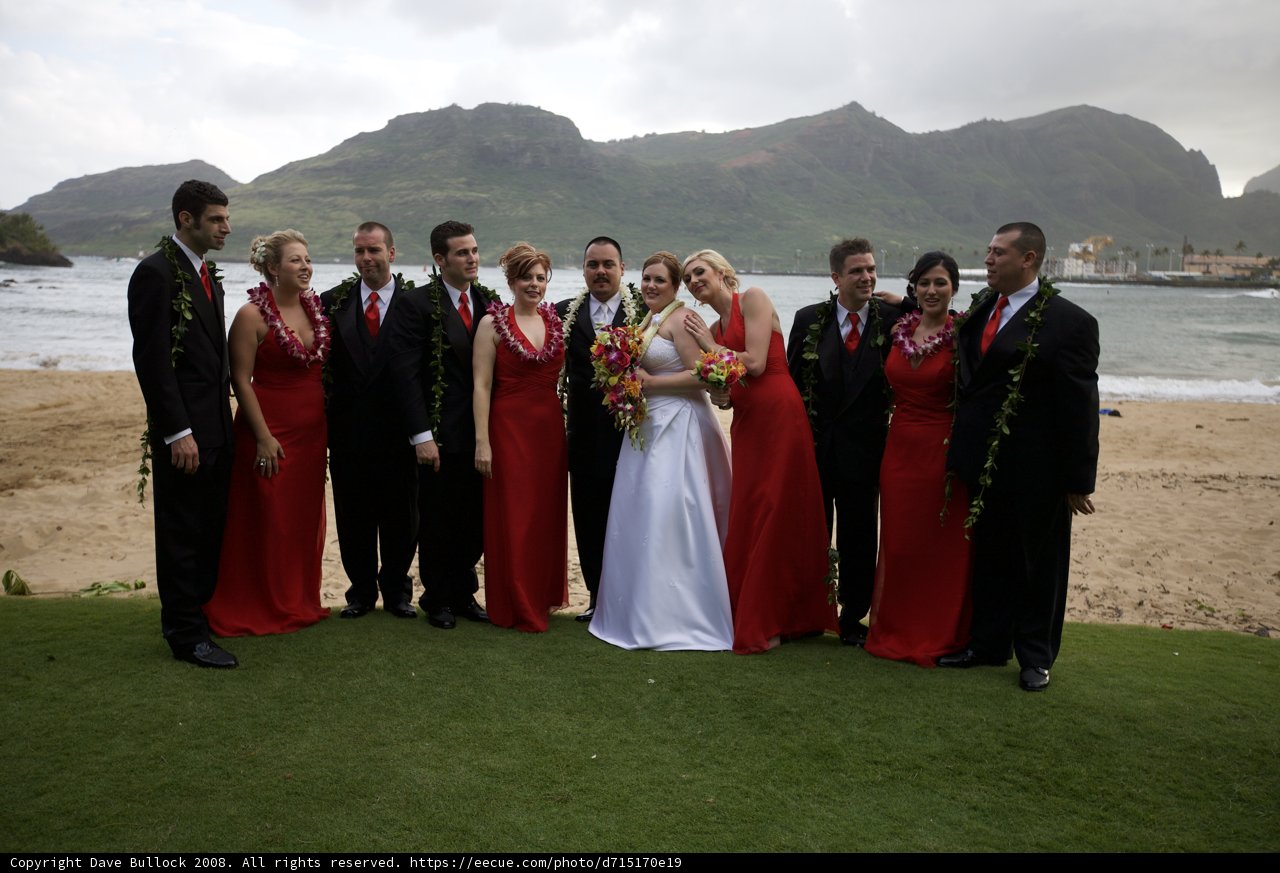 Red-Dressed Bridesmaids on a Cloudy Hawaiian Beach