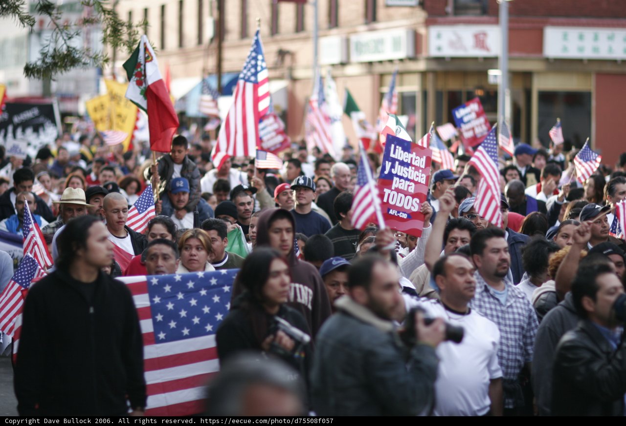 Patriotic Crowd with American Flags