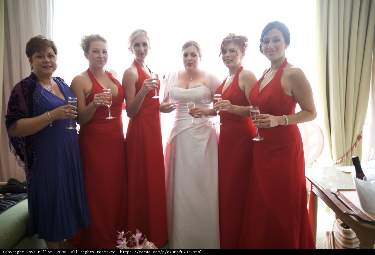 Red-Dressed Bridesmaids Toast to the Couple