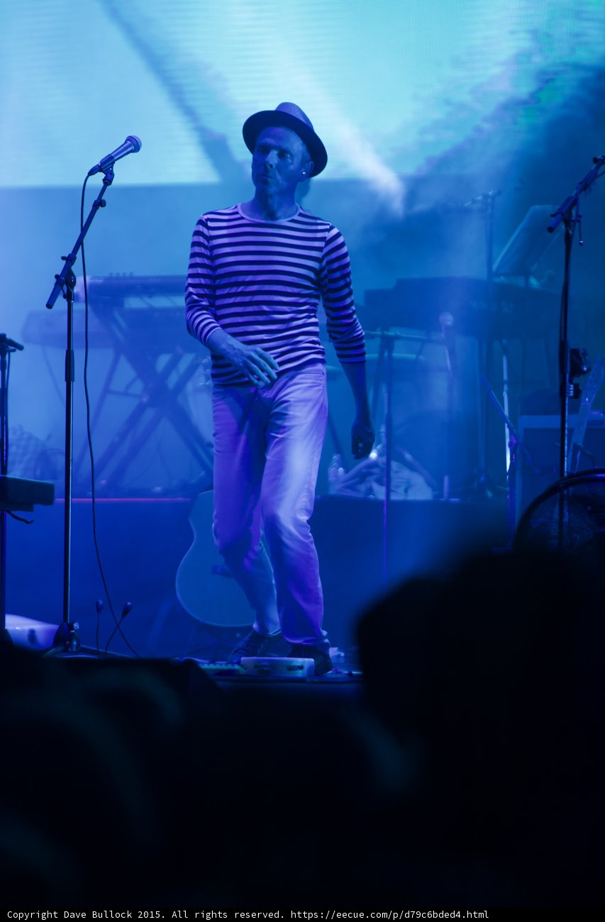 Belle and Sebastian Stuart Murdoch Standing Portrait Fedora Striped Shirt Earring Blue Stage