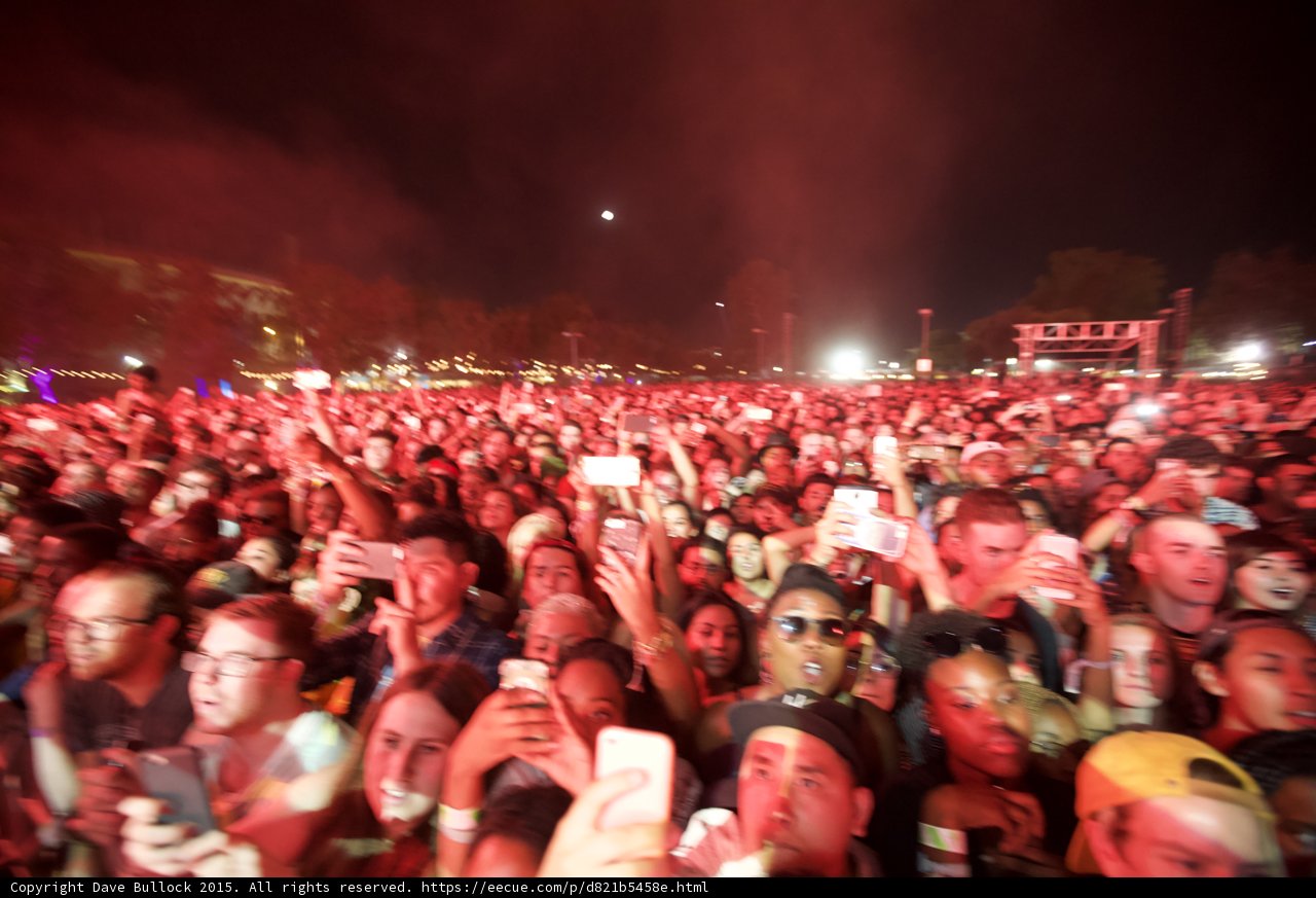 FYF Fest Wide Crowd Woman Sunglasses Moon Night Phones Purple Lights Stage Scaffolding Red Lighting