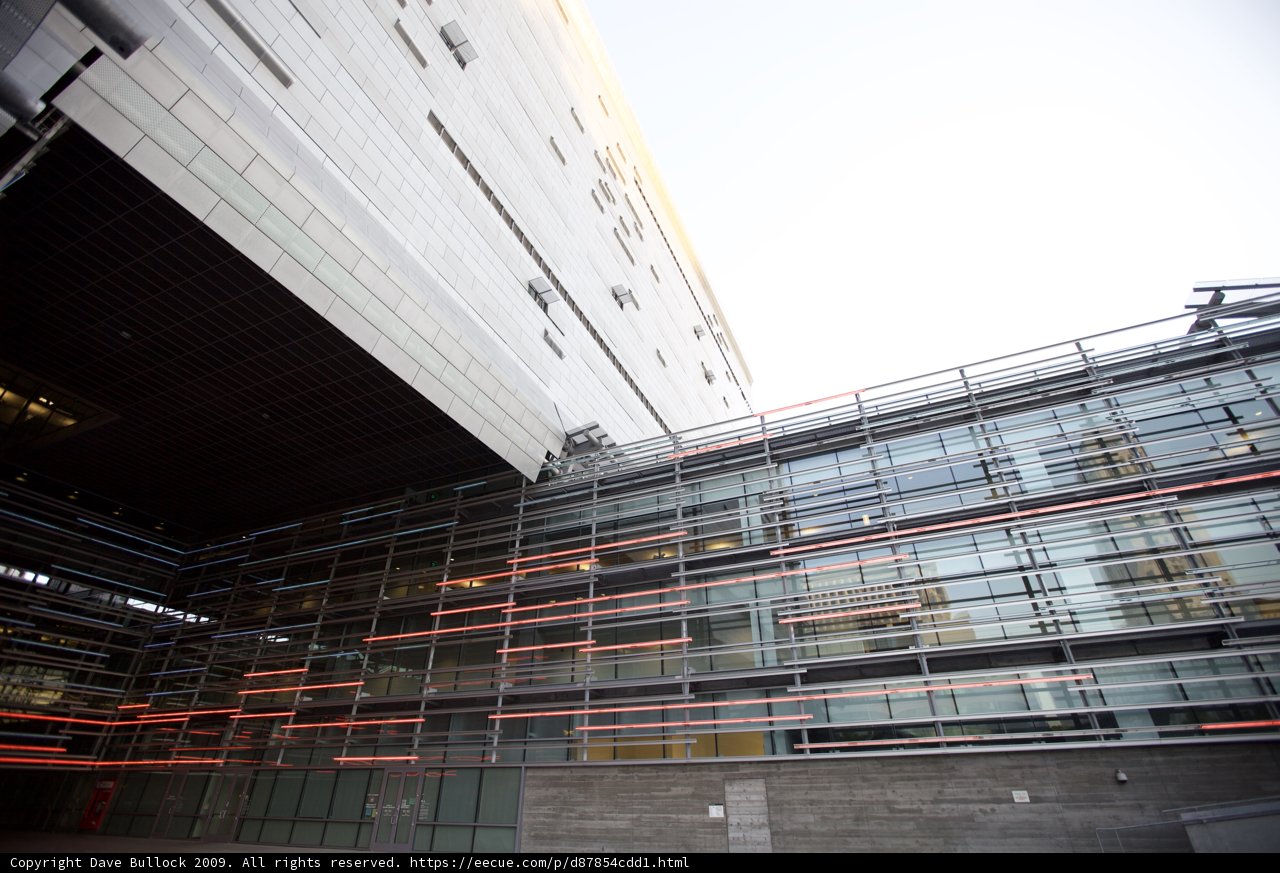 Red-Lit Glass Office Building