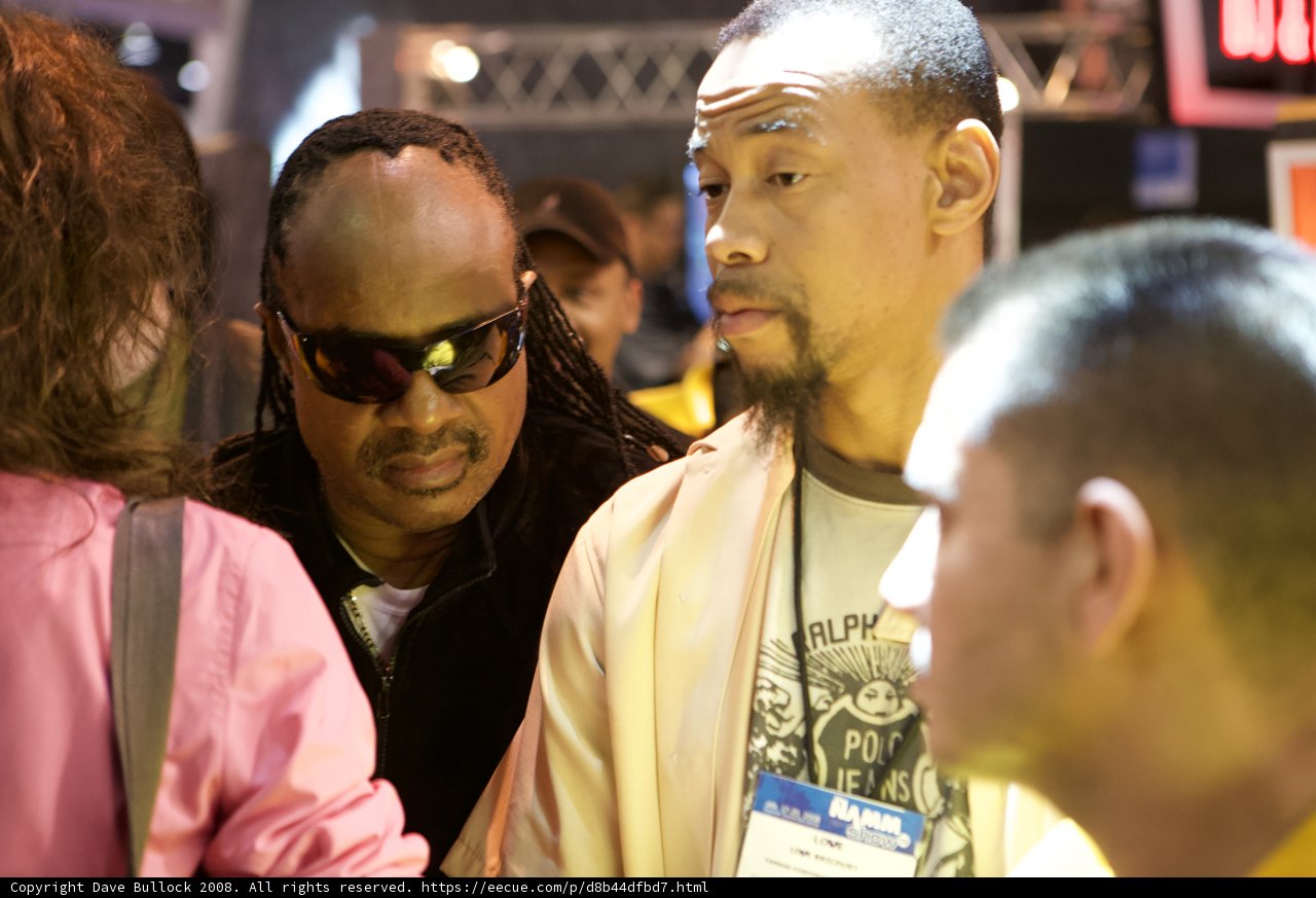 Two Men with Sunglasses at NAMM Convention Featuring Stevie Wonder