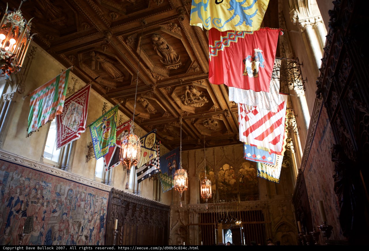Flags and Chandeliers in a Grand Room
