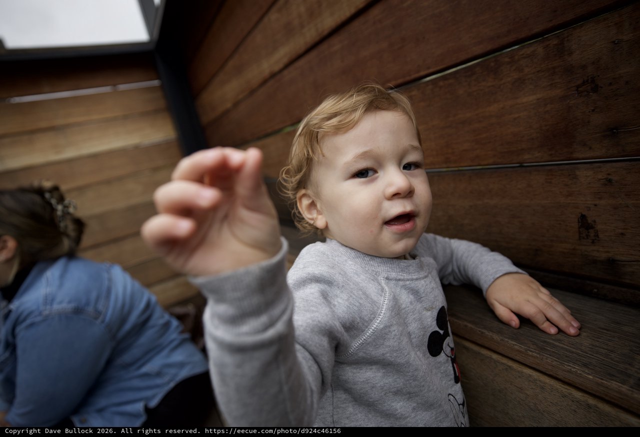 Curious Toddler Reaching Up on Wooden Stairs