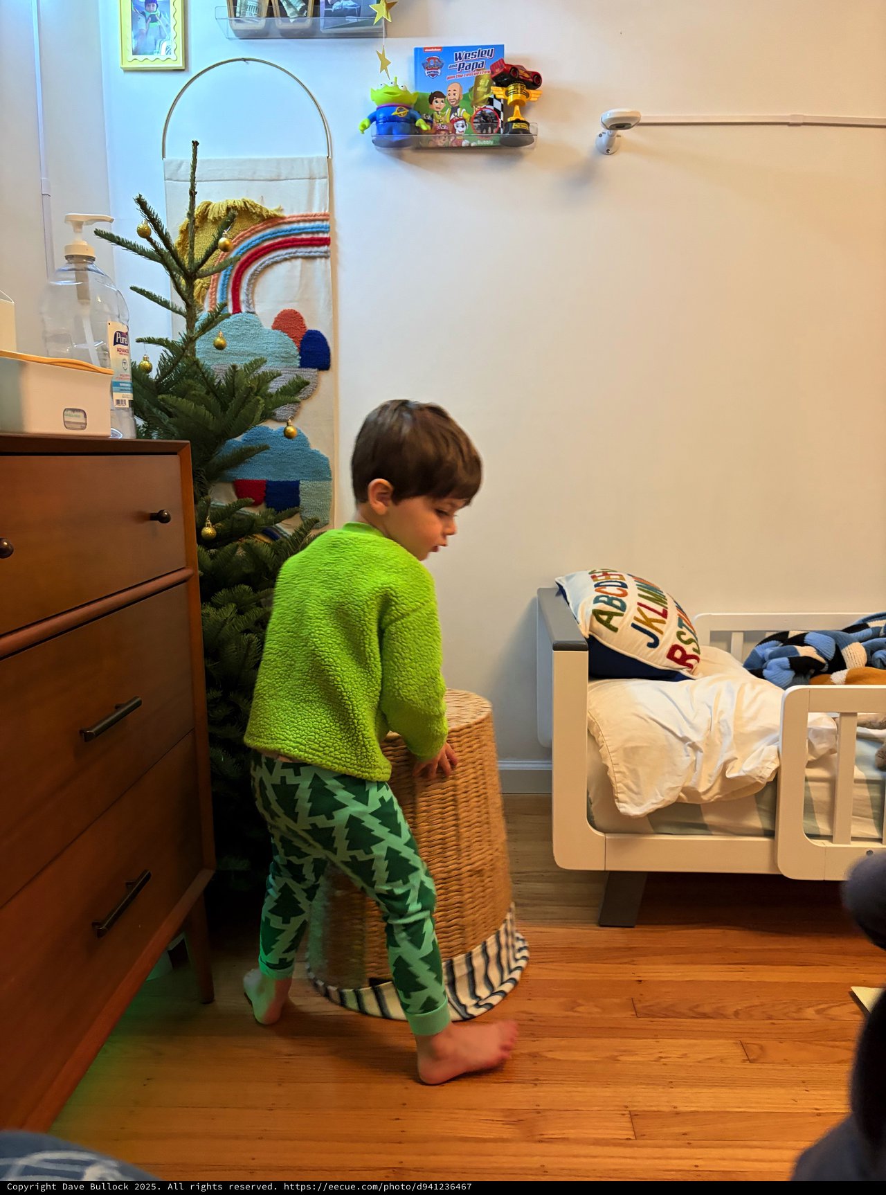 Child in Green Dinosaur Pajamas Standing in Bedroom