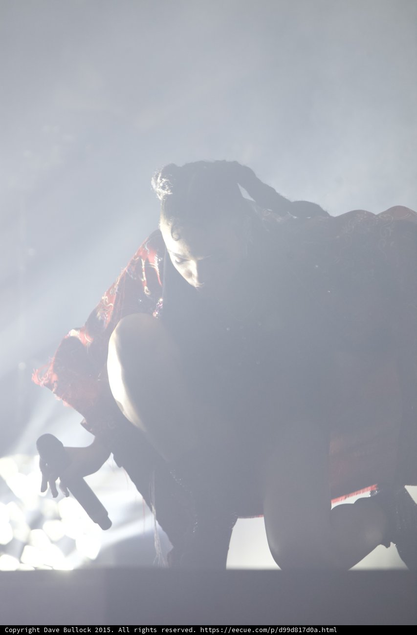 FKA twigs Silhouette Leaning Forward Looking Down Braided Hair Red Brocade Kimono Microphone Heavy Haze