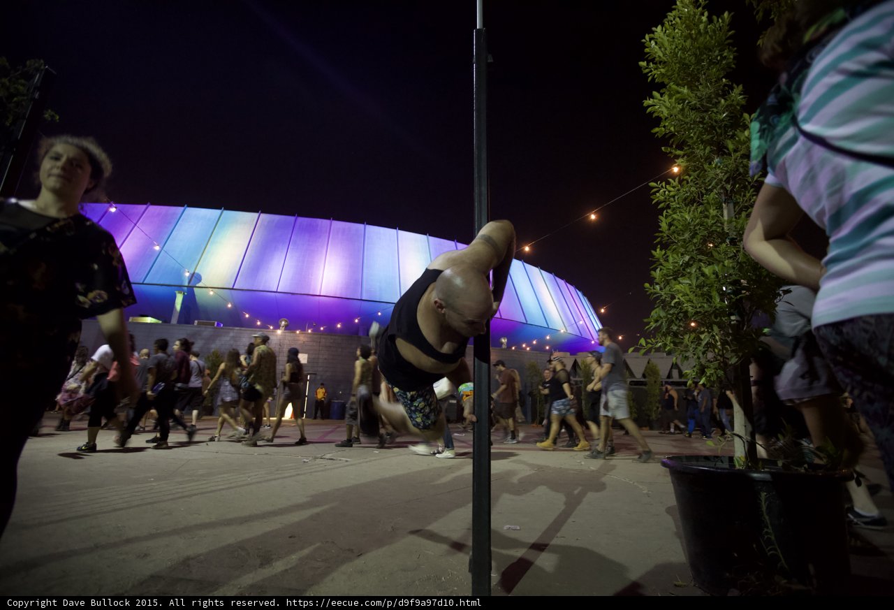 FYF Fest Bald Man Black Tank Top Human Flag Pole LA Sports Arena Rainbow Lights Crowd Night