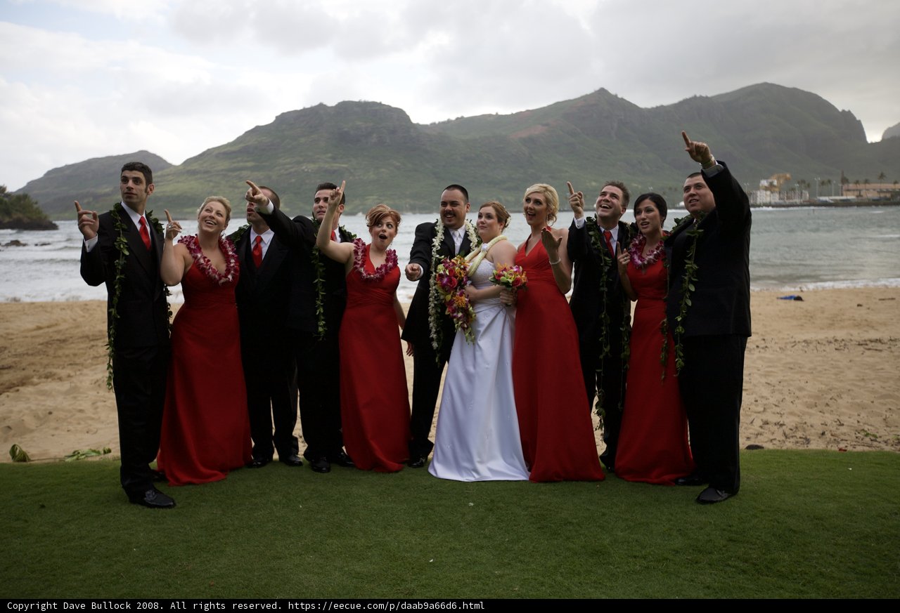 Red Dress Group Photo at Hawaiian Wedding