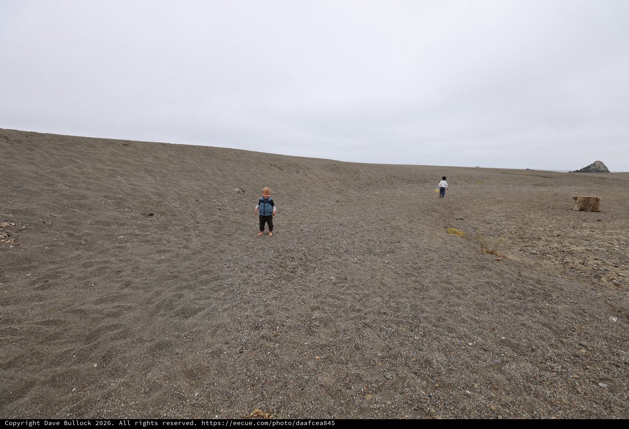 Two Children Exploring a Vast Gray Sand Dune