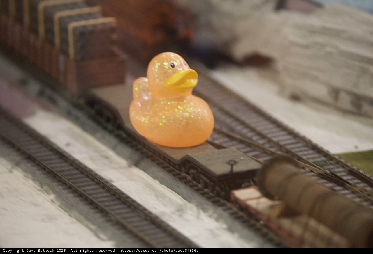 Glittery Rubber Duck Rides a Model Train Flatcar