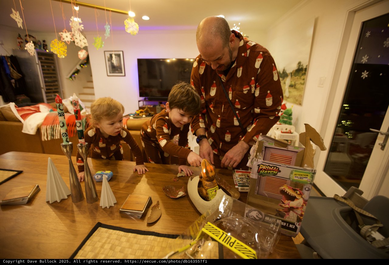 Father and Children Making Gingerbread House on Christmas