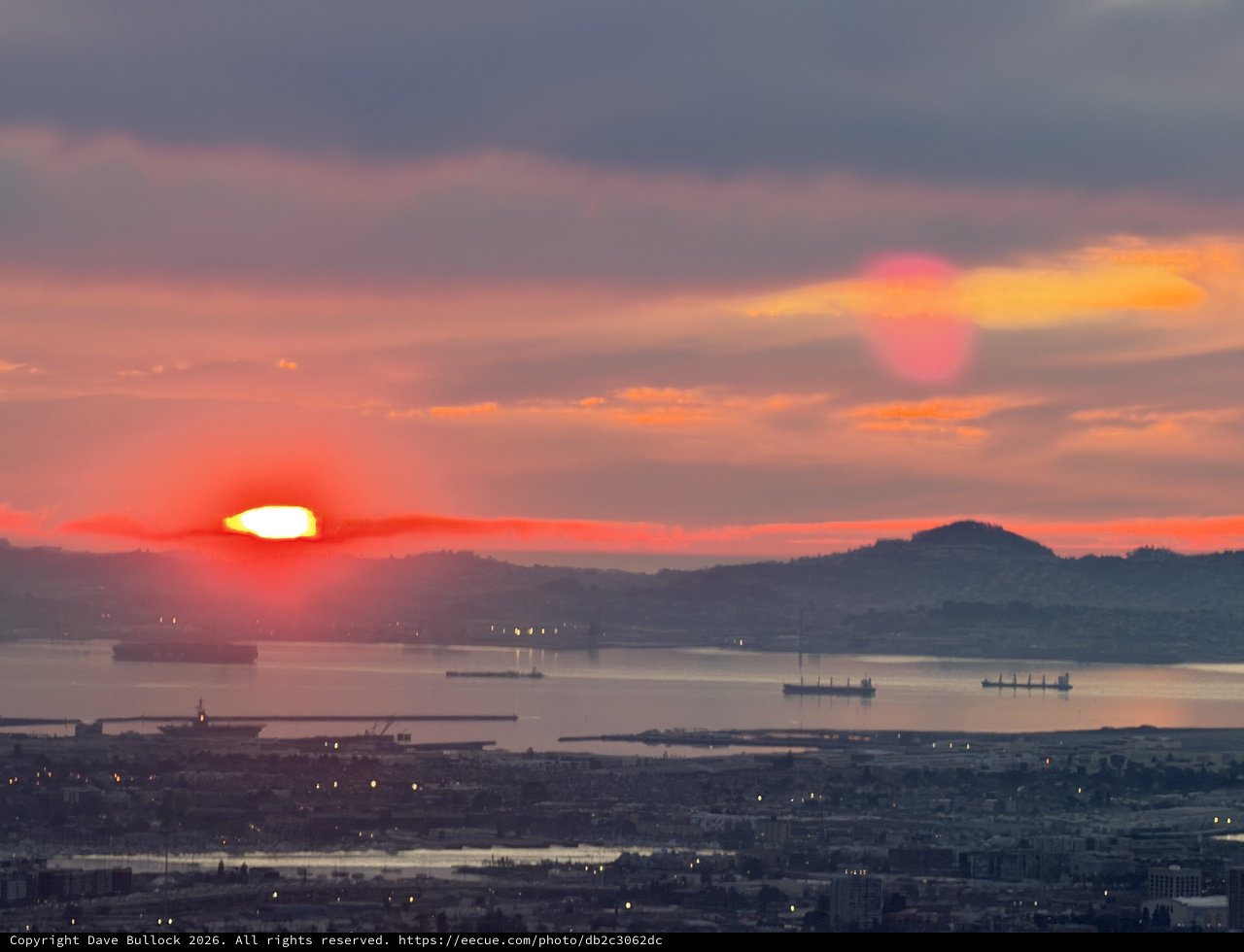 Sunset Over San Francisco Bay with Cargo Ships