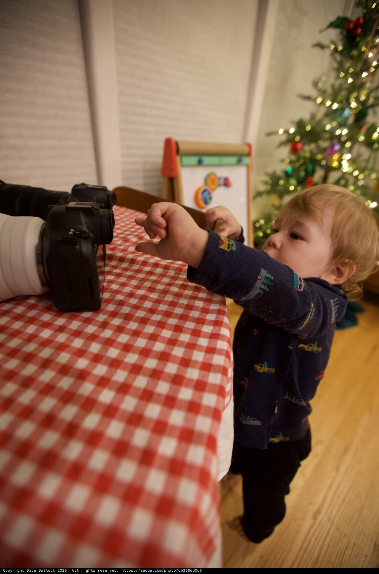 Curious Toddler Exploring Camera on Christmas Morning