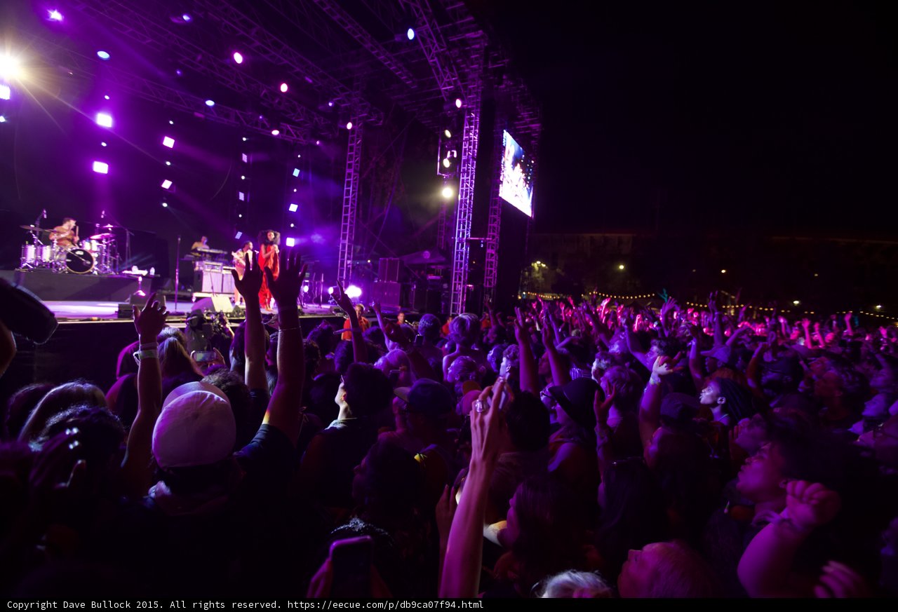 FYF Fest Wide Crowd Shot Solange Stage Video Screen Arms Raised Purple Night