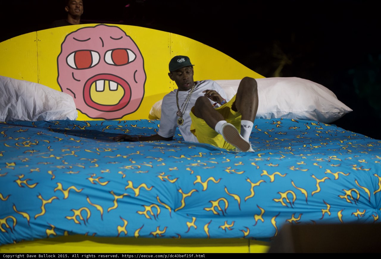Tyler, The Creator lounging with his cartoon friend