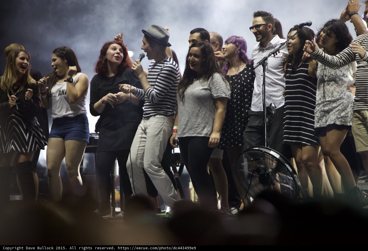 FYF Fest Stage Fans Dancing Fedora Man Red Hair Purple Hair Crowd Silhouettes Finale