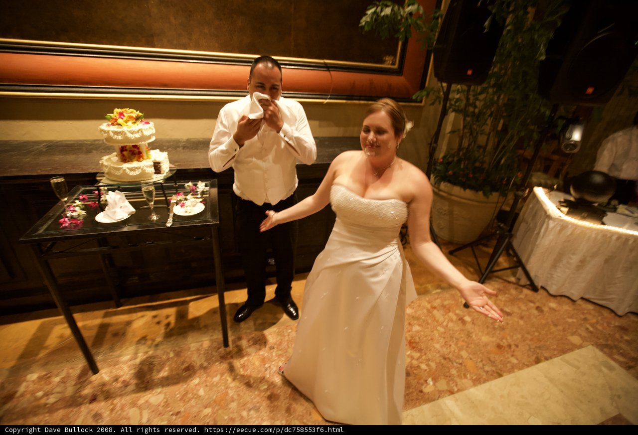 Wedding Couple Poses in Front of Luxurious Wedding Cake