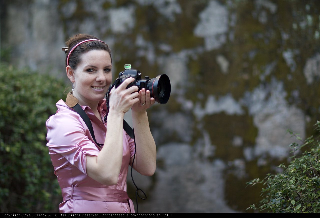 Smiling Photographer in Pink at Santa Barbara Mission