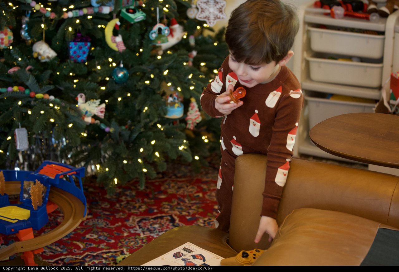 Young Child Opening Christmas Present by Decorated Tree