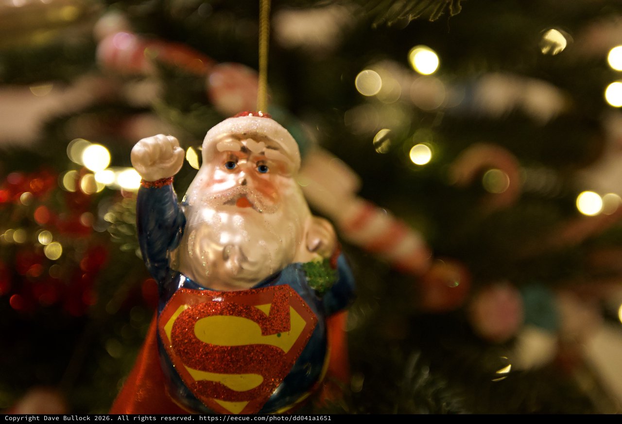 Super Santa Christmas Tree Ornament with Bokeh Lights