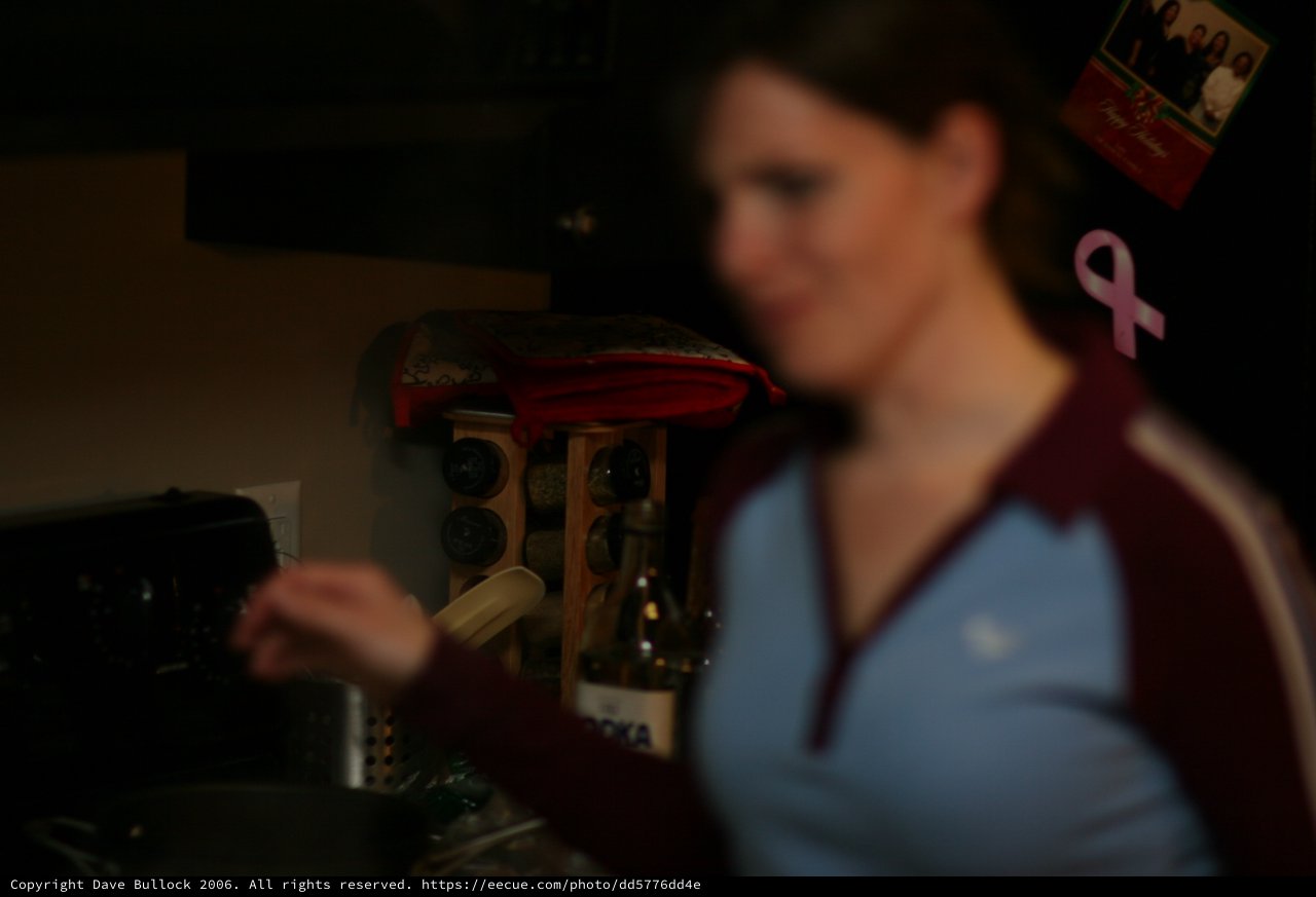 Woman Smiling in Dimly Lit Home Kitchen