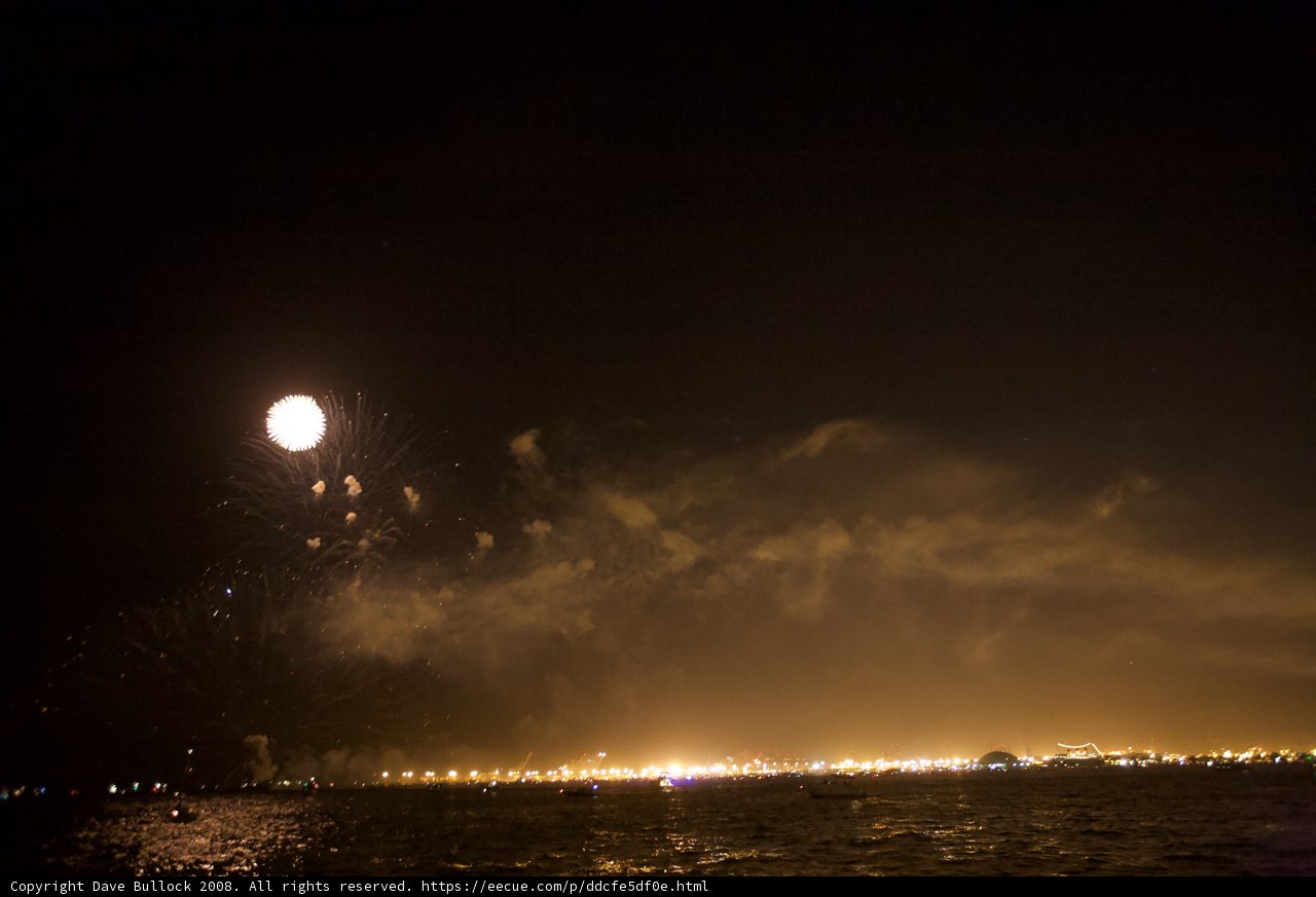 Fireworks Spectacle Over the Moonlit Bay