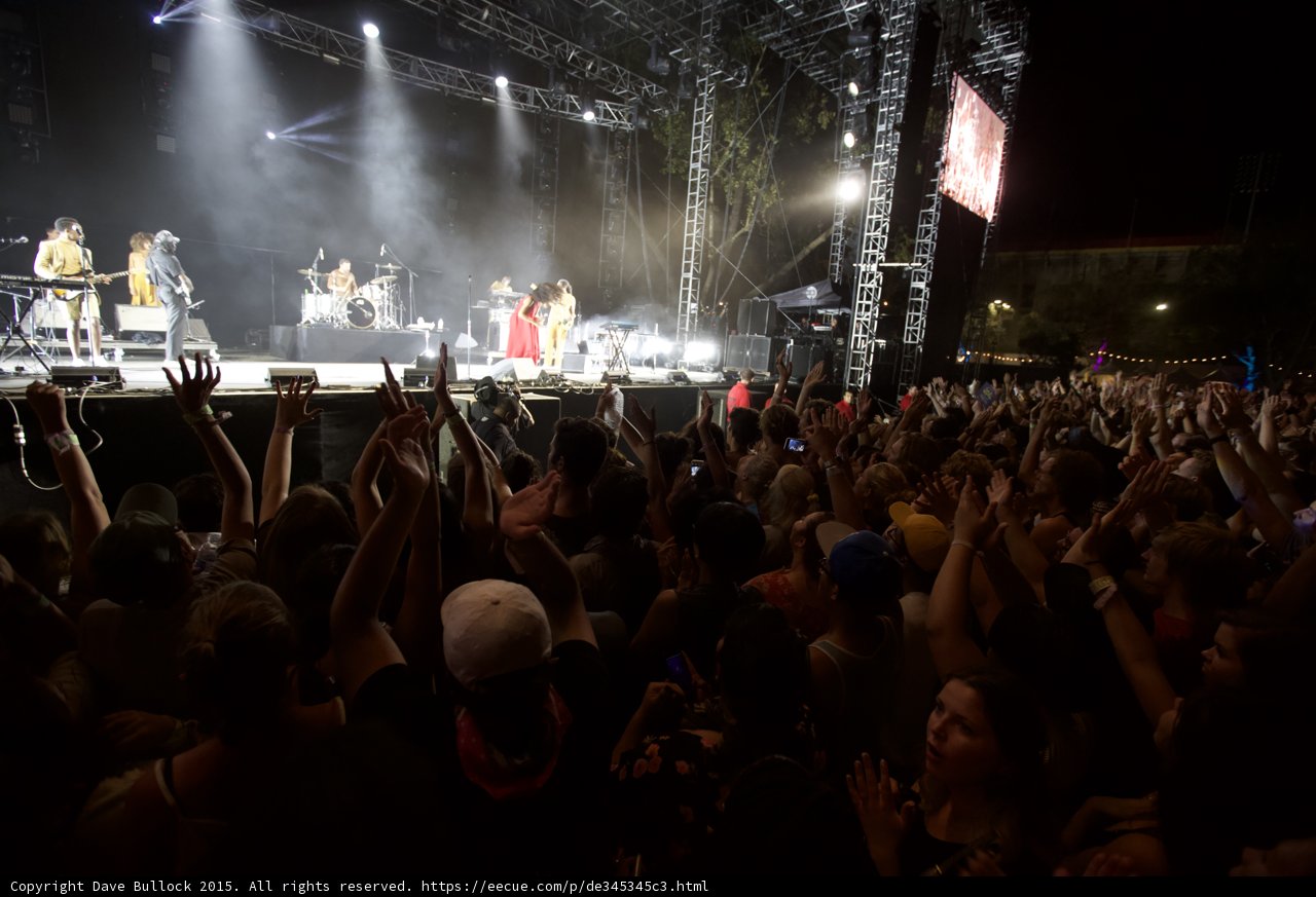 FYF Fest Wide Crowd Stage Solange Band Full View Spotlight Beams Video Screen Night