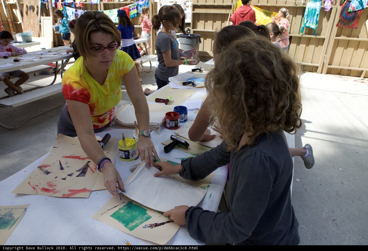 Crafting Memories Caption: A mother and her two daughters create their own artwork at a plywood table during the 2010 WBTLA camp.