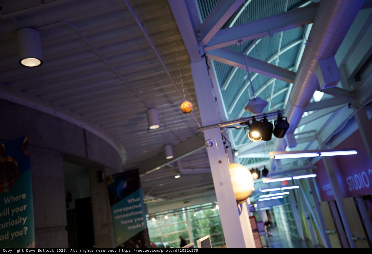 Modern Museum Interior with Colorful Lighting and Industrial Design