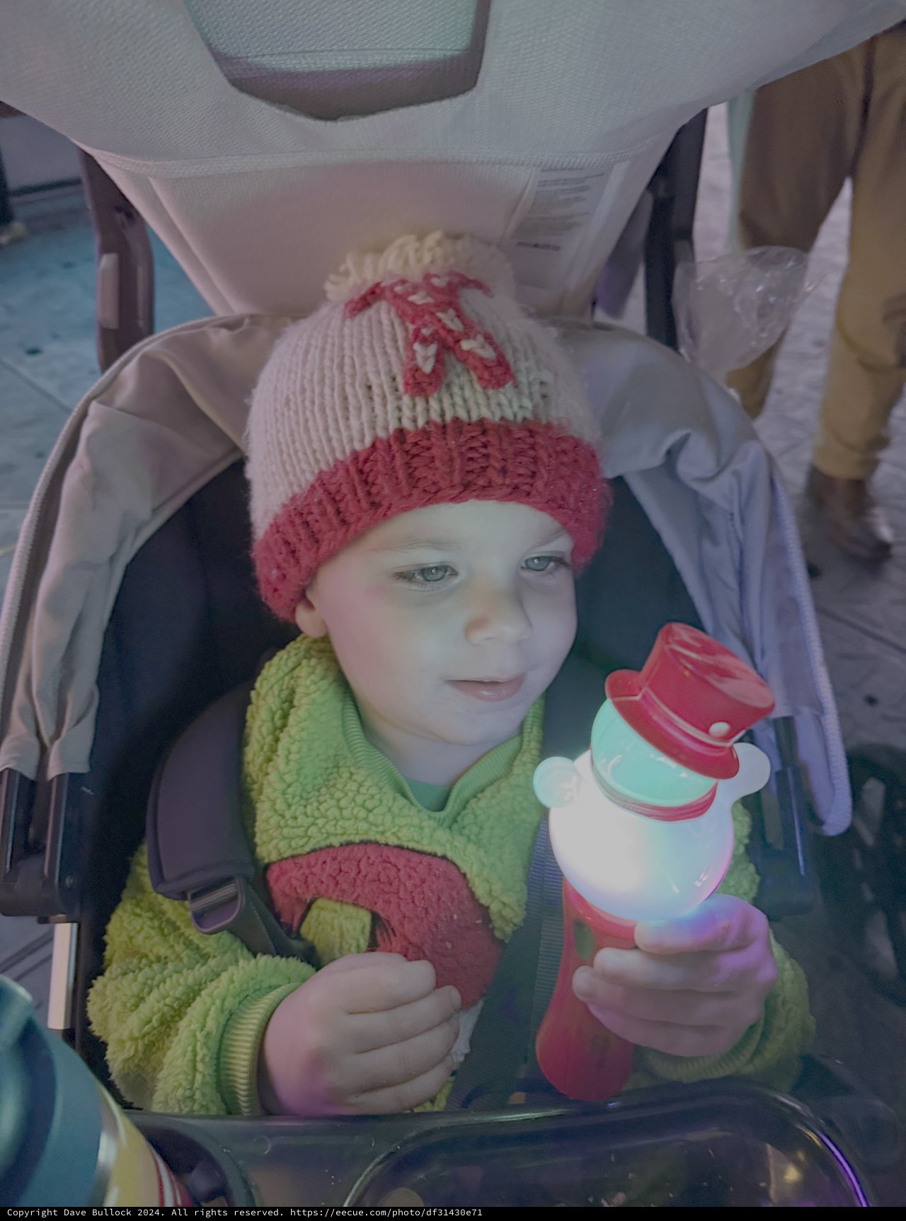 Child in Stroller with Winter Hat and Sippy Cup