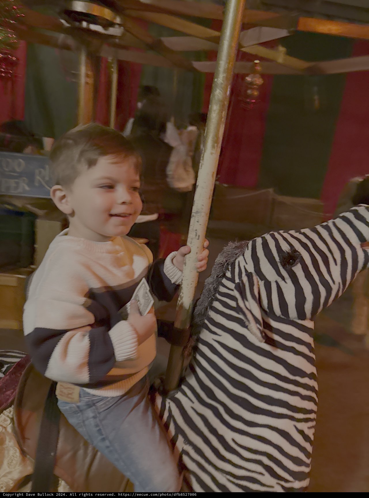 Young Boy Enjoying Carousel Ride on Zebra