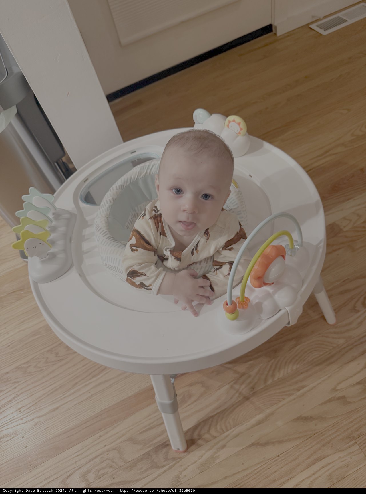 Baby in White Activity Seat with Toys