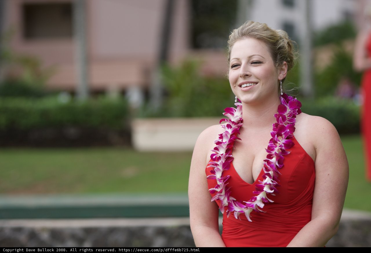 Red Dress, Lei, and Smile in Hawaii