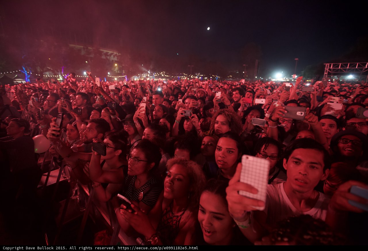 FYF Fest Wide Crowd Moon Night Phones Grid Case Curly Hair Woman Man Glasses Stage Scaffolding String Lights