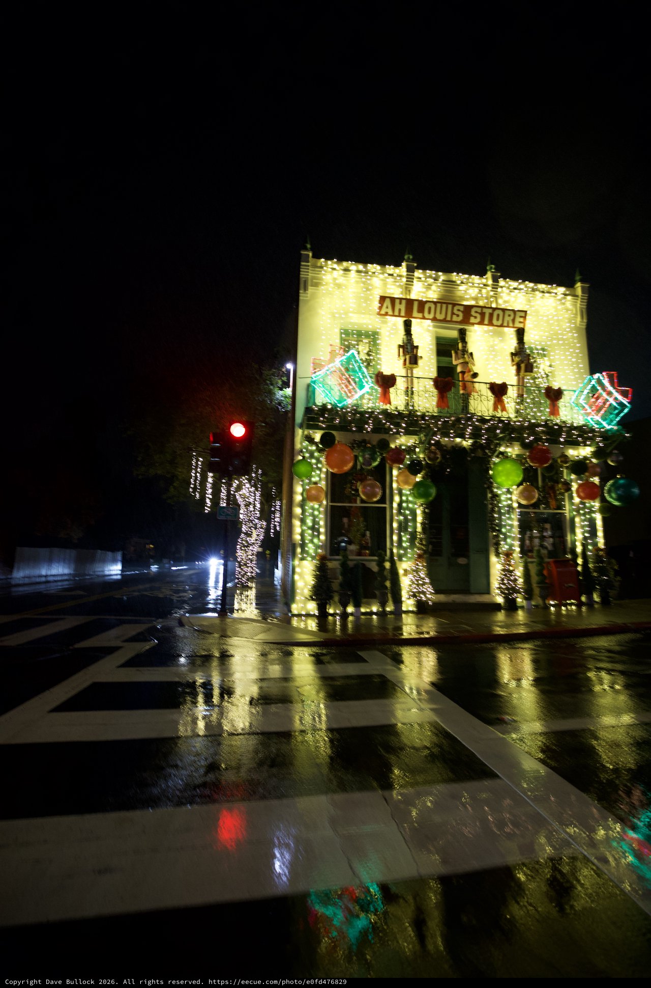 Ah Louis Store Illuminated with Holiday Lights at Night