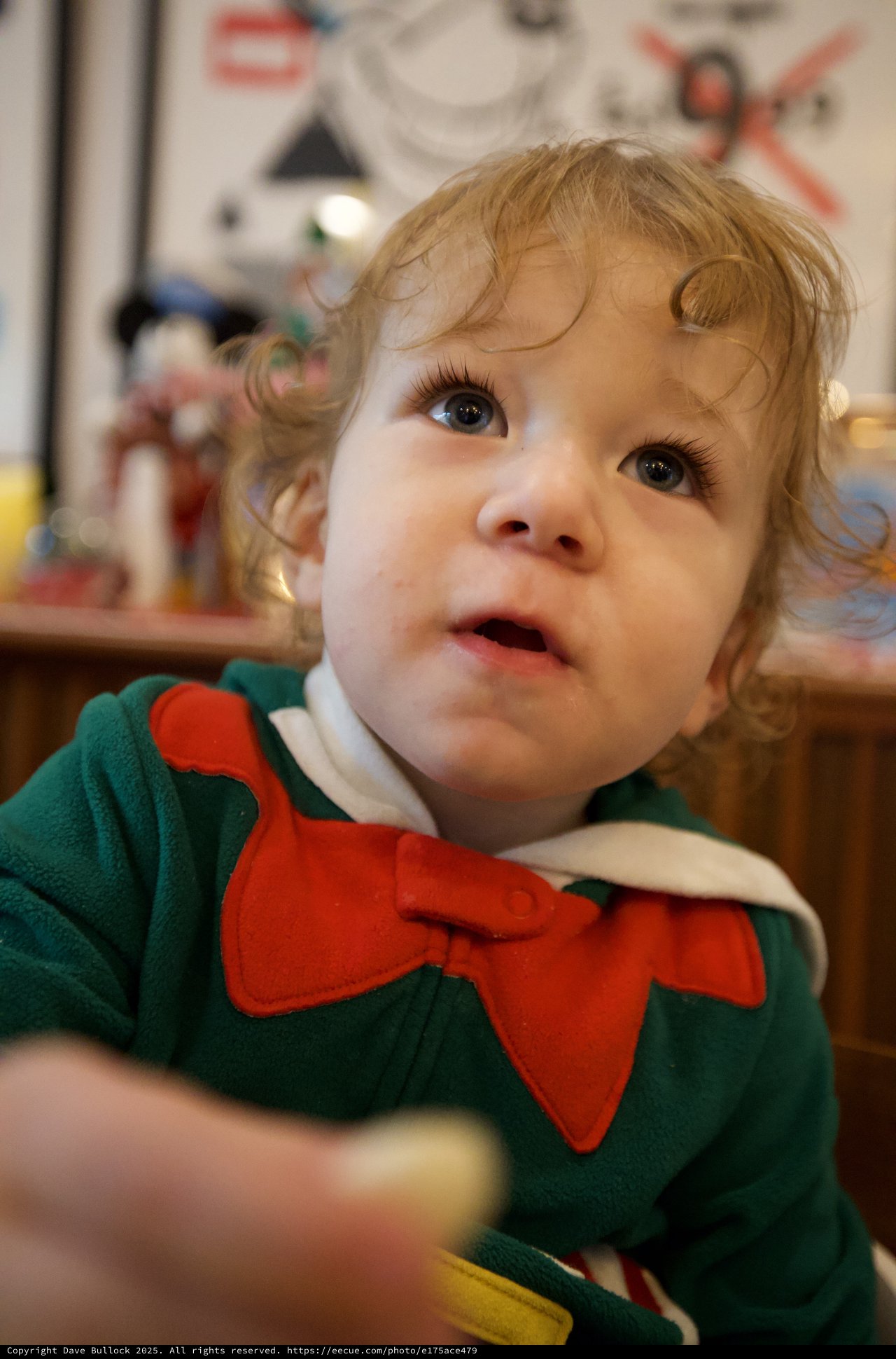 Curious Toddler in Festive Elf Costume
