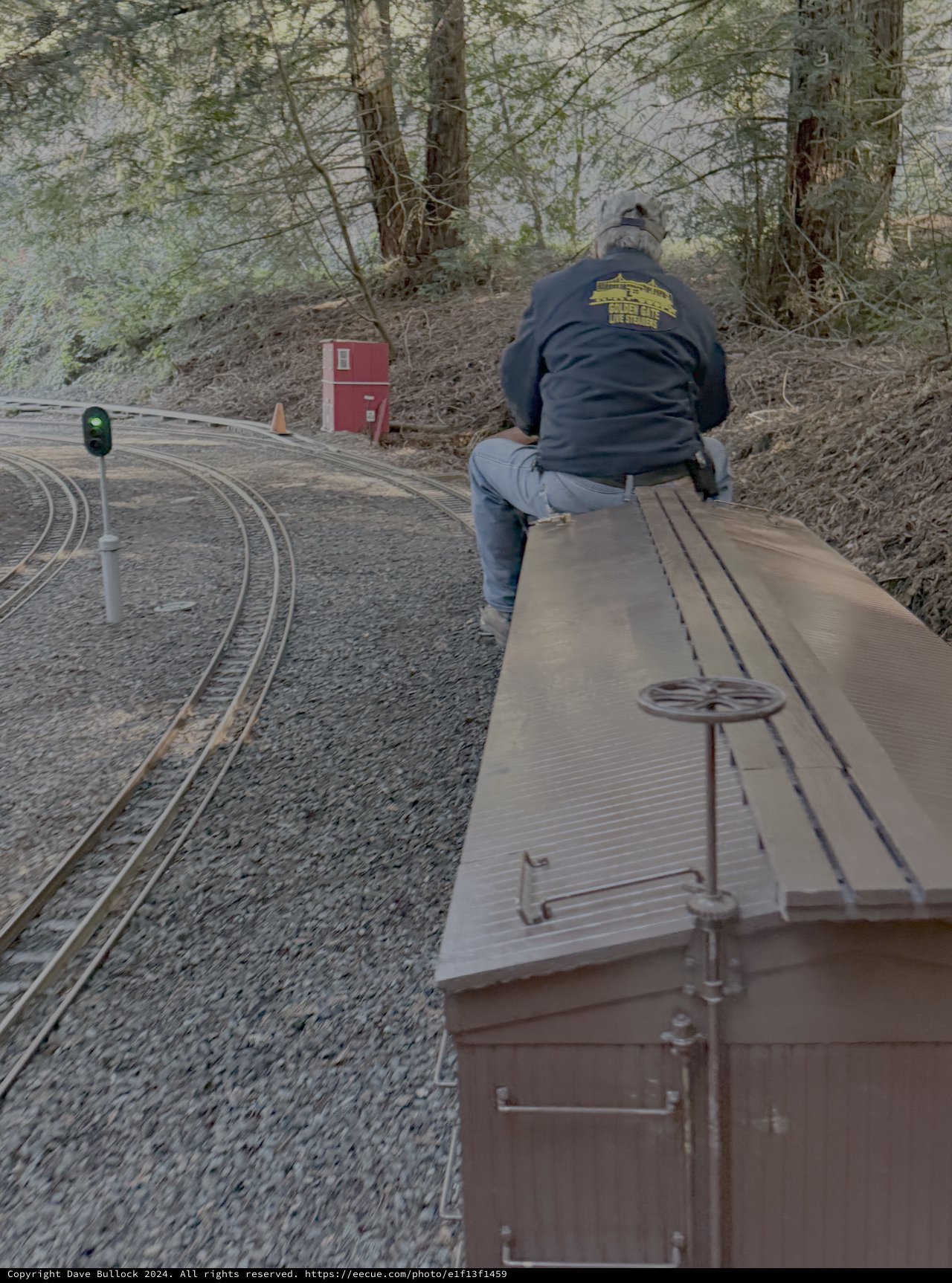 Railroad Worker Riding Vintage Train Car
