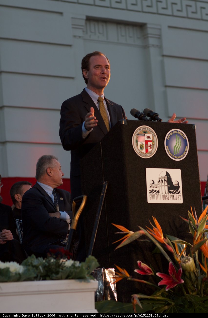 Congressman Adam Schiff delivering a speech at a press conference