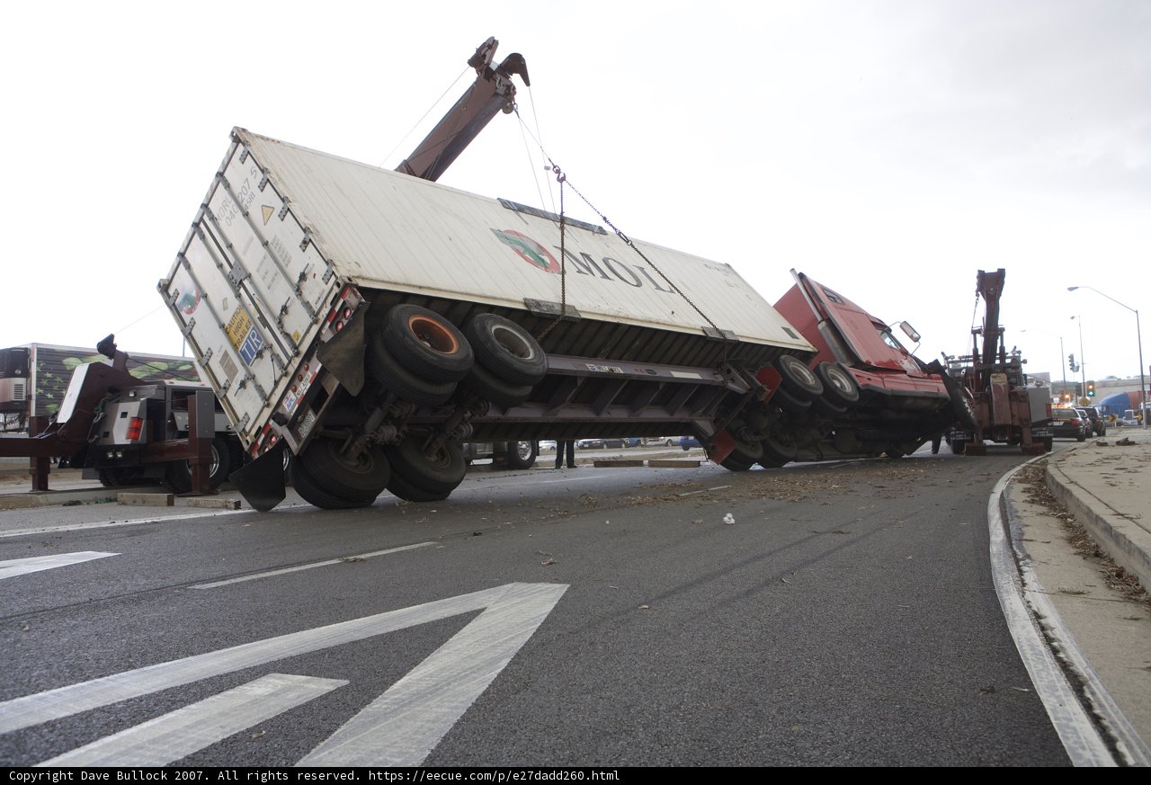 Crane Lifts Overturned Truck