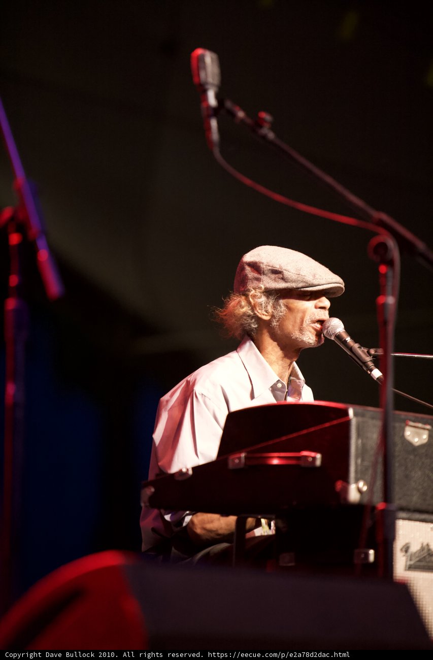 Man in Hat Shines on Keyboard at Coachella Music Festival