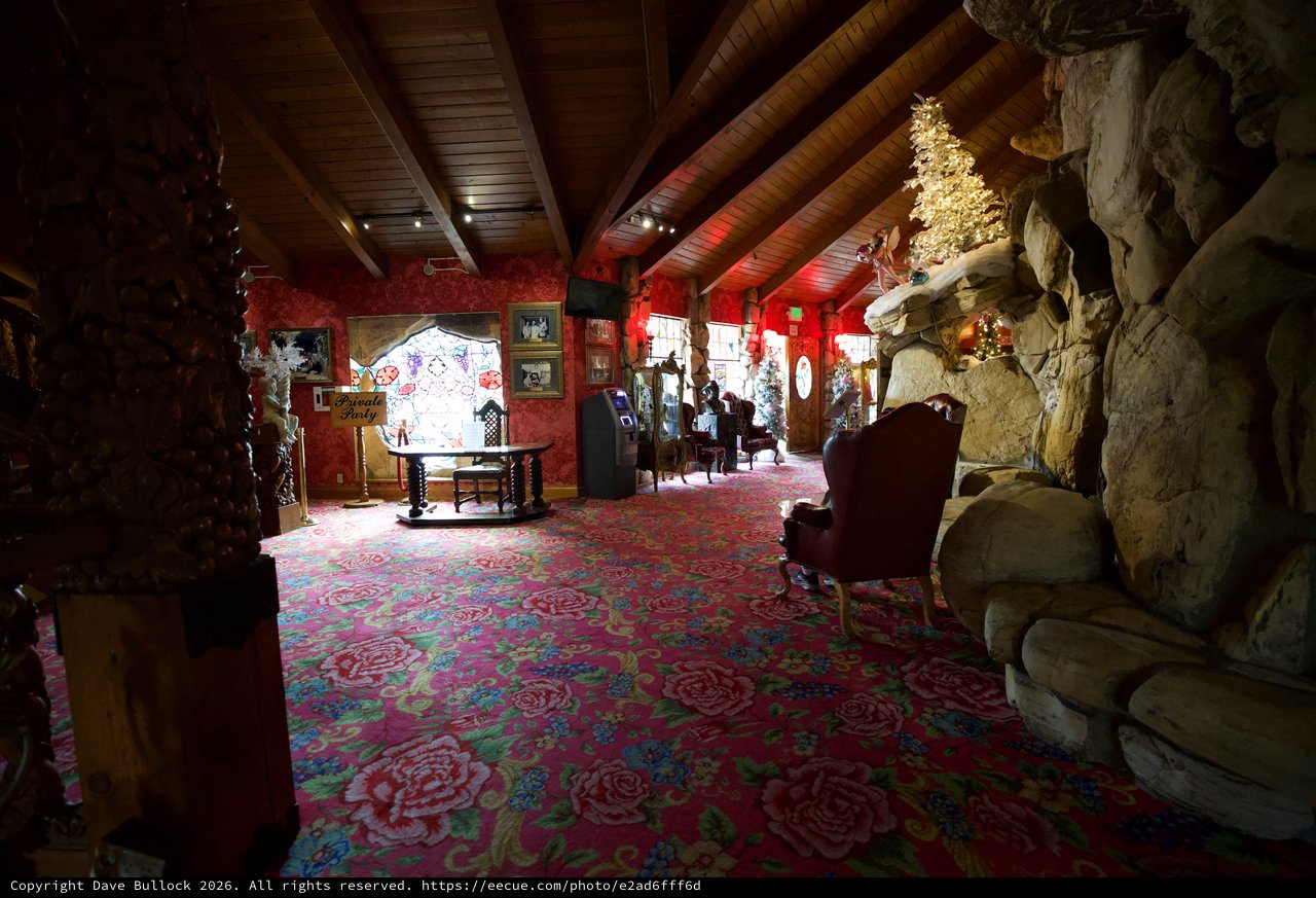 Madonna Inn's Ornate Red-Themed Interior Room with Stone Features