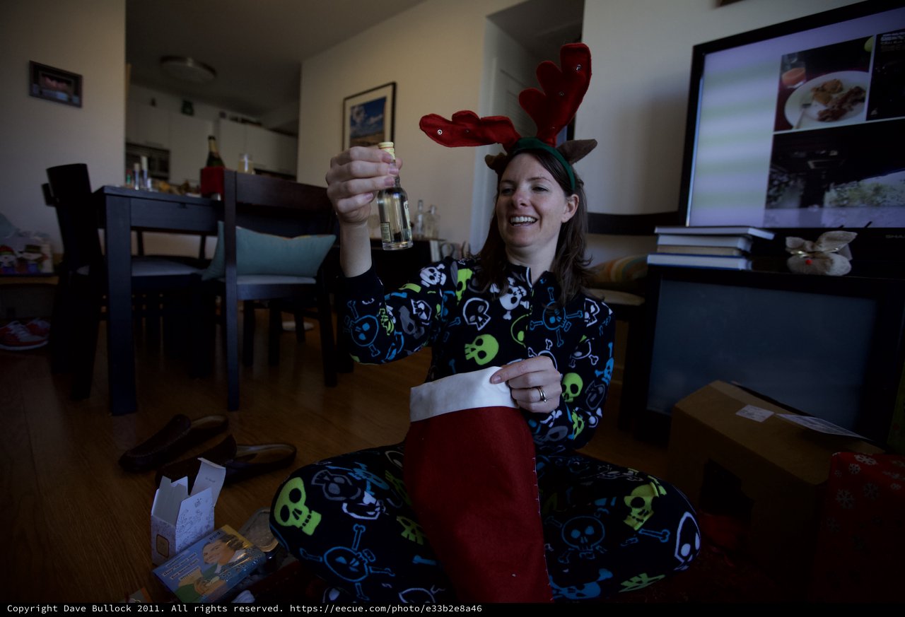 Joyful Christmas Morning Stocking Surprise with Reindeer Antlers