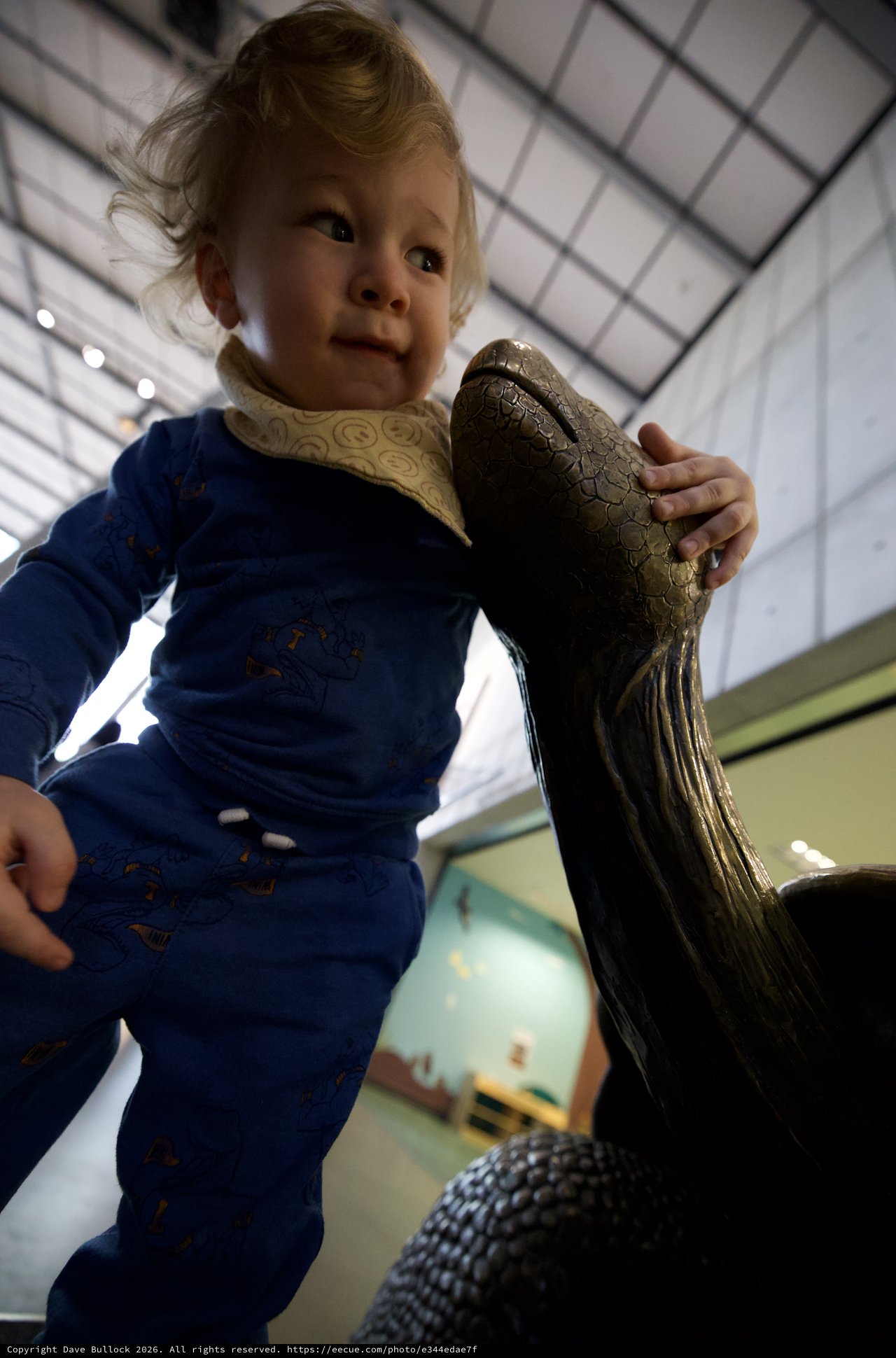 Young Child Explores Dinosaur Sculpture at Museum